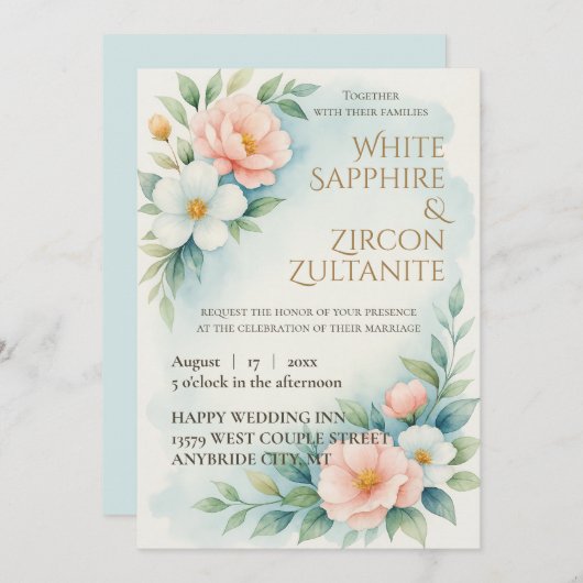 青と赤面のフローラ結婚式招待状 招待状 (正面/裏面)