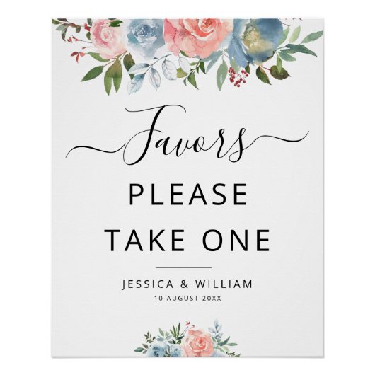 青と赤面の花の好意サイン ポスター (正面)