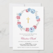青と赤面ピンクのフローラガールボーイバプテスマ 招待状 (正面)