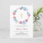 青と赤面ピンクのフローラガールボーイバプテスマ 招待状 (スタンド正面)