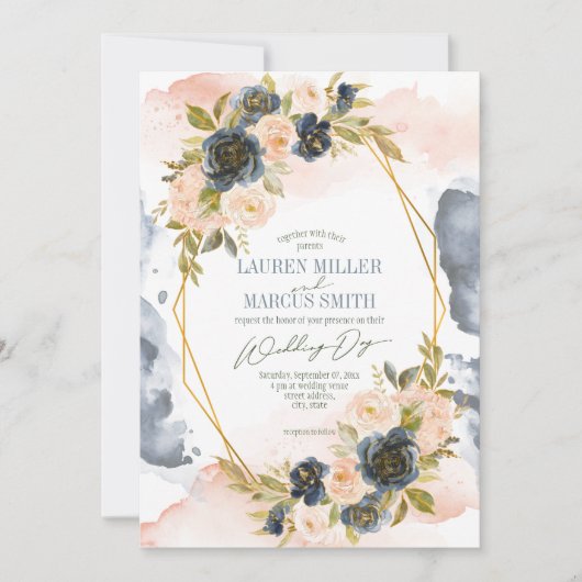 青と赤面水色フローラ金ゴールド幾何学模様 招待状 (正面)