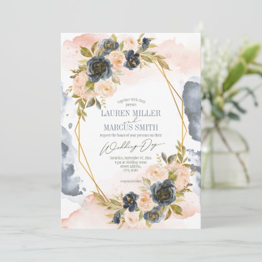 青と赤面水色フローラ金ゴールド幾何学模様 招待状 (スタンド正面)