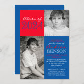青と赤2の写真卒業のお知らせ 招待状 (正面/裏面)