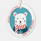 青と赤、シロクマの雪のクリスマス セラミックオーナメント (左)