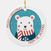 青と赤、シロクマの雪のクリスマス セラミックオーナメント (裏面)