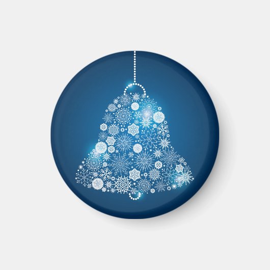 青と輝く白い雪の結晶クリスマスベル マグネット (正面)
