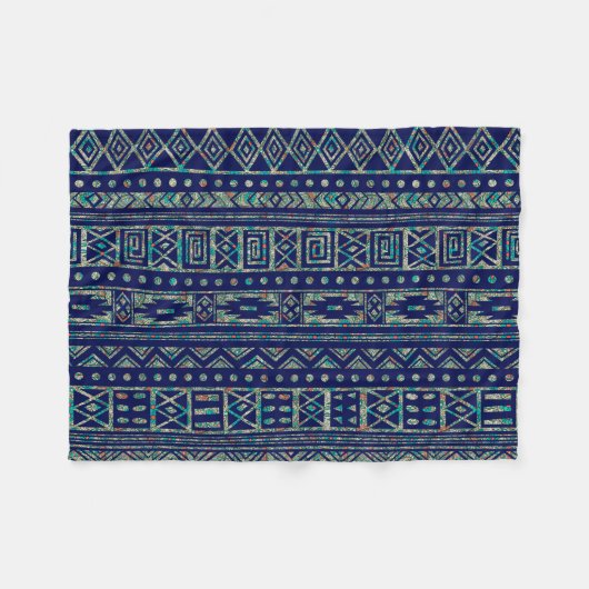 青と部族カラフルの幾何学的パターン フリースブランケット (正面(横))