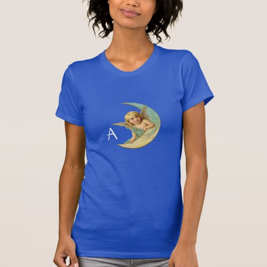 青と金と黄色のスパークルモノグラムの月の天使 Tシャツ (正面)