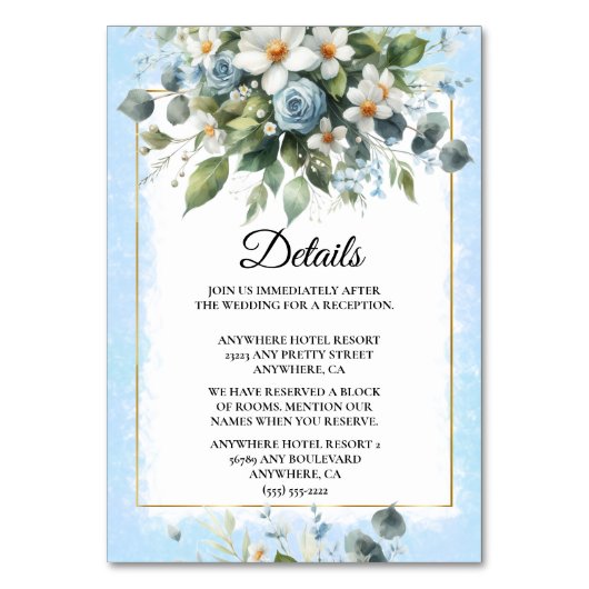 青と金のエレガントな花のルースドウォーターカラー招待状 テーブルナンバー (正面)