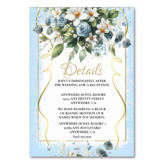 青と金のエレガントな花のルースドテール テーブルナンバー (正面)