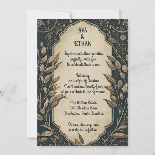 青と金のエンチャンテッド ウィロー 招待状 (裏面)