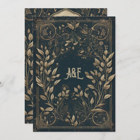 青と金のエンチャンテッド ウィロー 招待状 (正面/裏面)