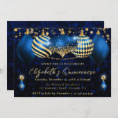 青と金のクリスマスオーナメントのキンセアニエラ 招待状 (正面/裏面)