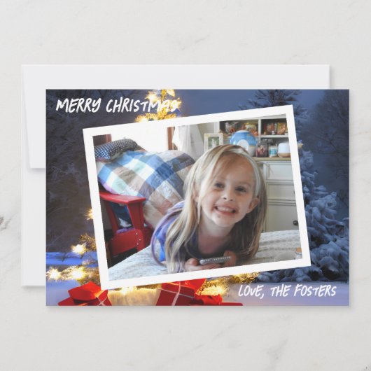 青と金のクリスマスツリー写真 ホリデー シーズンカード (正面)