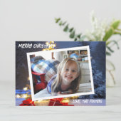 青と金のクリスマスツリー写真 ホリデー シーズンカード (スタンド正面)