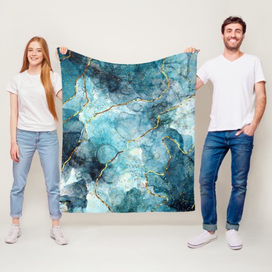 青と金のグリッターがきらきらする大理石 フリースブランケット (インサイチュ)