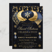 青と金のグリッターが煌くスイート16 招待状 (正面/裏面)