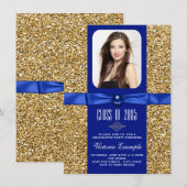 青と金のグリッター卒業発表 招待状 (正面/裏面)