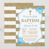 青と金のグリッター洗礼招待状 招待状 (正面/裏面)