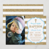 青と金のグリッター洗礼招待状 招待状 (正面/裏面)