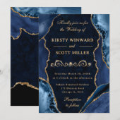 青と金のグリッター瑪瑙と大理石の結婚式 招待状 (正面/裏面)