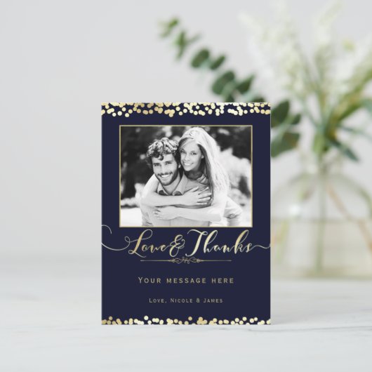 青と金のコンフェッティ フォト ウェディング サンクス ポストカード (スタンド正面)