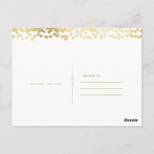 青と金のコンフェッティ フォト ウェディング サンクス ポストカード (裏面)