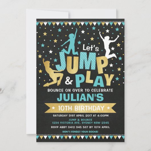 青と金のジャンプ&バウンス トランポリン誕生日パーティー 招待状 (正面)