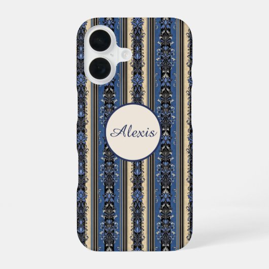 青と金のダマスク柄ストライプ iPhone 16ケース (裏面)
