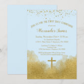 青と金のファーストホーリーコミュニオン招待状（男の子用） 招待状 (正面/裏面)