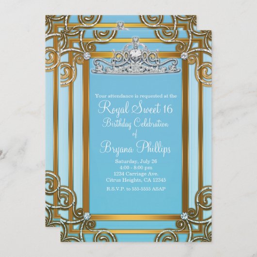 青と金のプリンセス クラウンティアラ スウィート16パーティー 招待状 (正面/裏面)