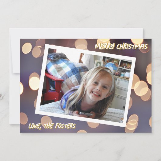 青と金のボケスパークルクリスマス写真 シーズンカード (正面)