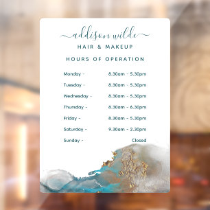 青と金のモダンな水彩インクの営業時間 ウィンドウサイン