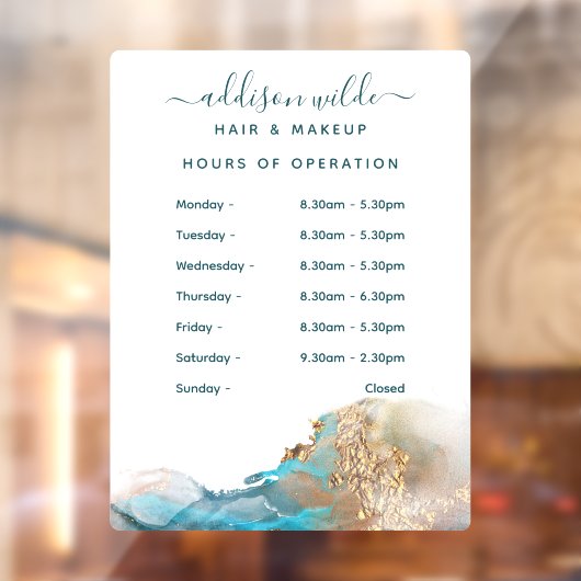 青と金のモダンな水彩インクの営業時間 ウィンドウサイン (シート2)