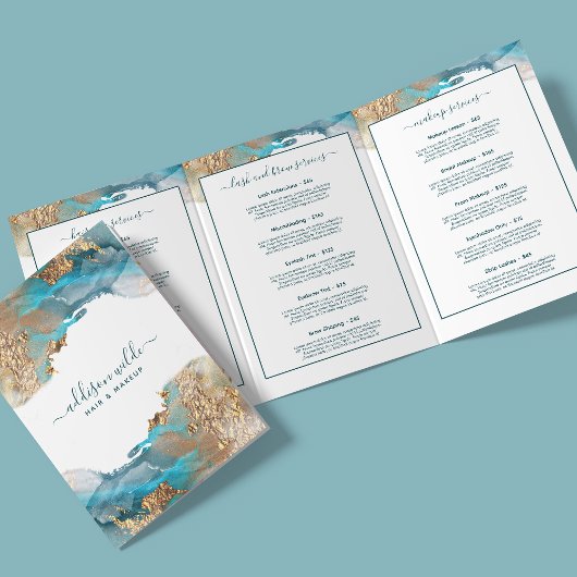 青と金のモダンアート液体インクサロンパンフレット 三つ折りカード