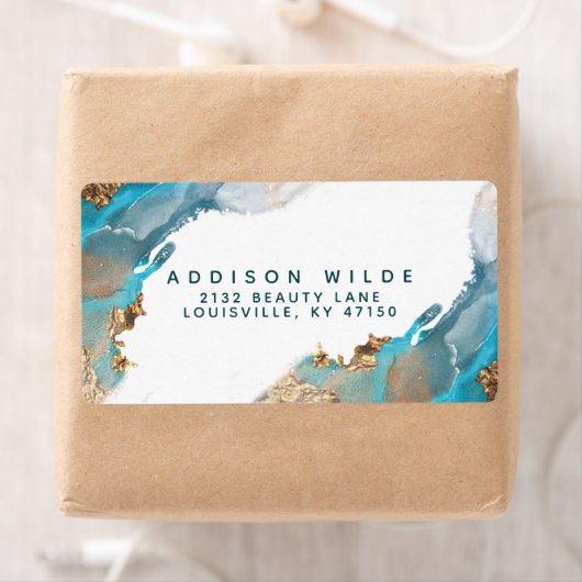 青と金のモダンアート液体インク発送 ラベル (インサイチュ)