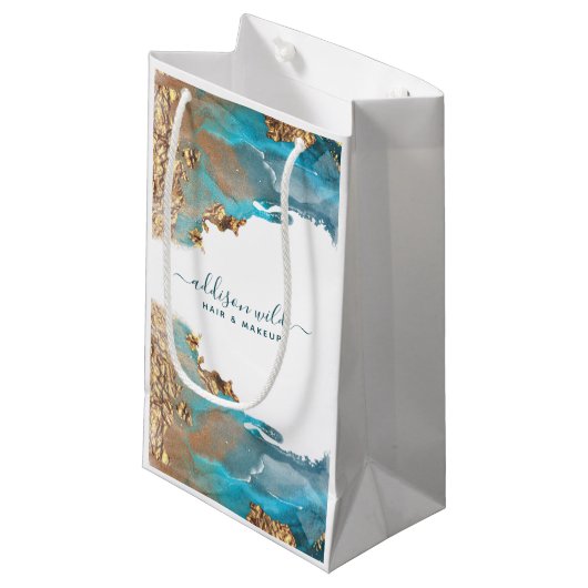 青と金のモダンアート液体インク ビジネス スモールペーパーバッグ (正面アングル)