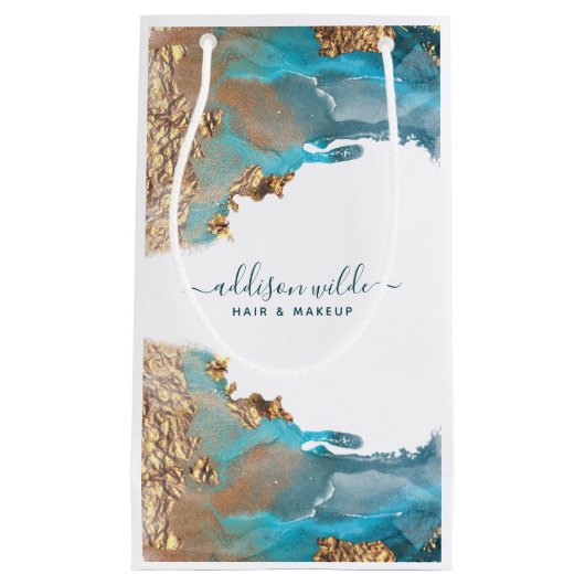 青と金のモダンアート液体インク ビジネス スモールペーパーバッグ (正面)