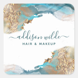 青と金のモダンアート液体水彩インク スクエアシール