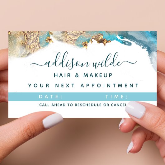 青と金のモダンアート液体水彩インク 予約カード