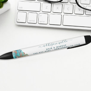 青と金のモダンアート液体水彩インク 黒ボールペン