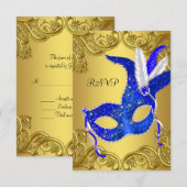 青と金の仮面パーティー出欠確認 出欠カード (正面/裏面)