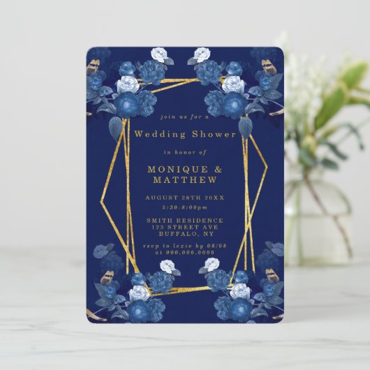 青と金の幾何学的な花のウェディングシャワー招待状 (スタンド正面)
