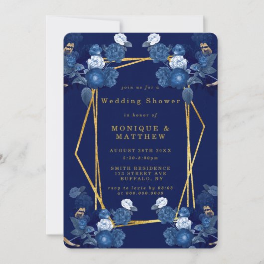 青と金の幾何学的な花のウェディングシャワー招待状 (正面)