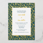 青と金の抽象的な葉の模様のウェディングテーマ 箔招待状 (正面)