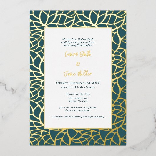 青と金の抽象的な葉の模様のウェディングテーマ 箔招待状 (正面)