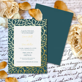 青と金の抽象的な葉の模様のウェディングテーマ 箔招待状