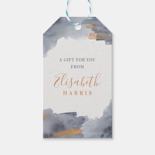 青と金の水彩スウォッシュ ギフトタグ (正面)