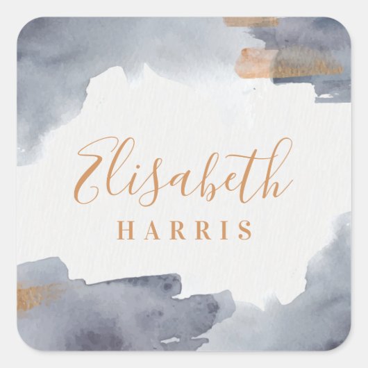 青と金の水彩スウォッシュ スクエアシール (正面)