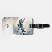青と金の水彩画のエレガントな飛行機と雲 ラゲッジタグ (正面横)